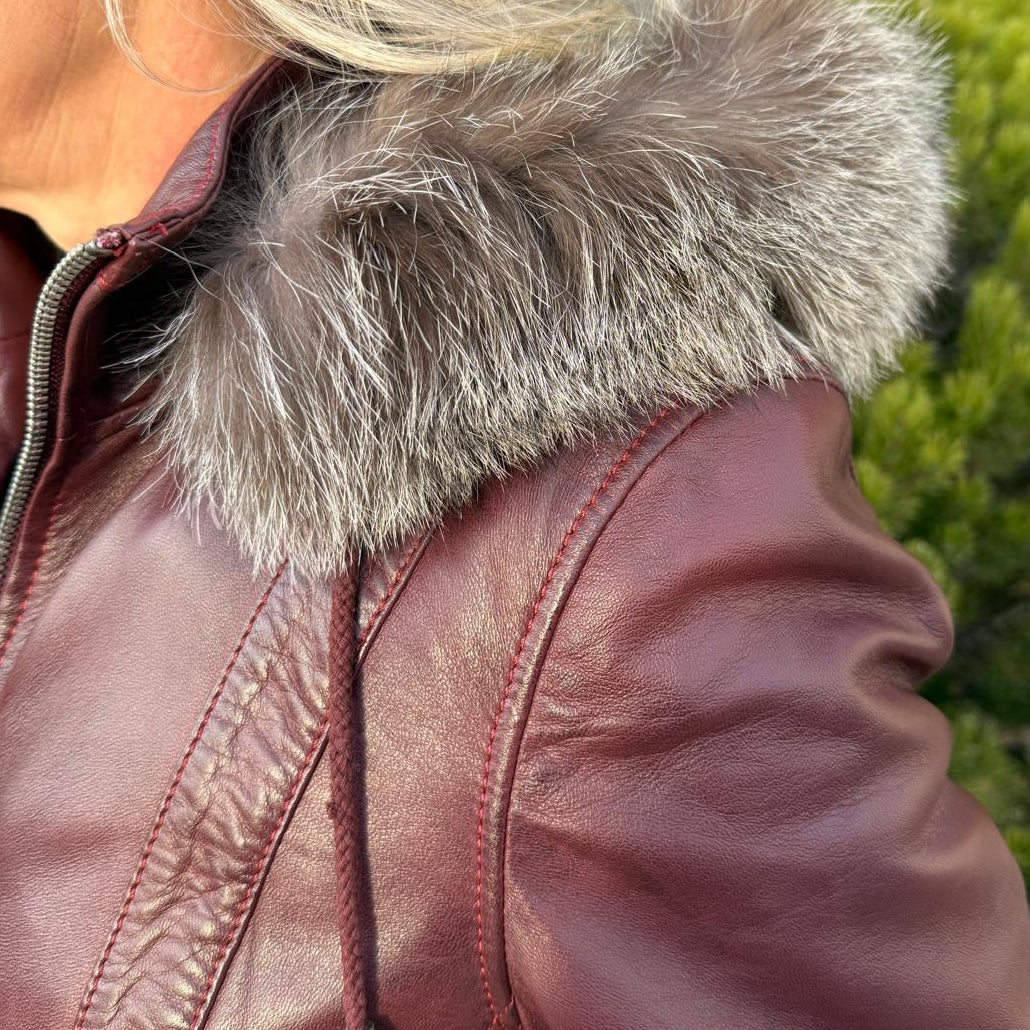 Women's Sheepskin Leather Jacket with Real Fox Fur Trim