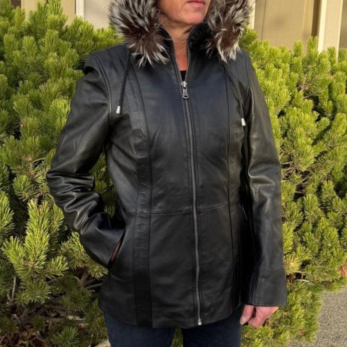 Women's Sheepskin Leather Jacket with Real Fox Fur Trim