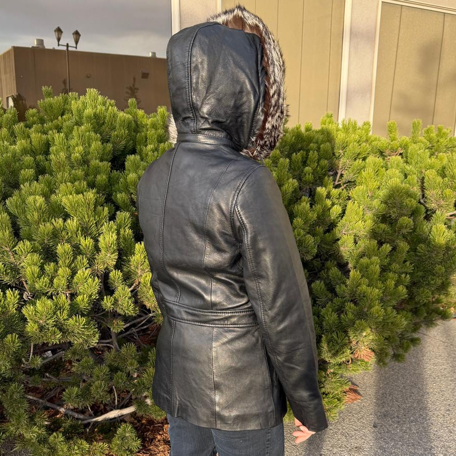 Women's Sheepskin Leather Jacket with Real Fox Fur Trim