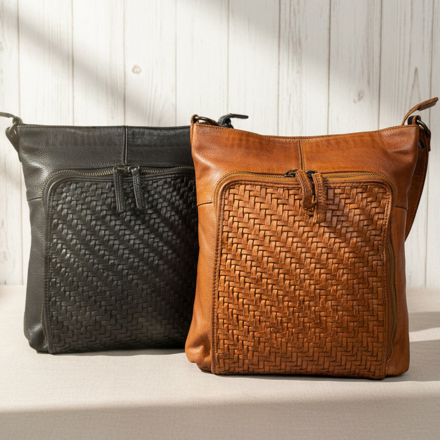 MET Cow Leather Crossbody Bag with Woven Front