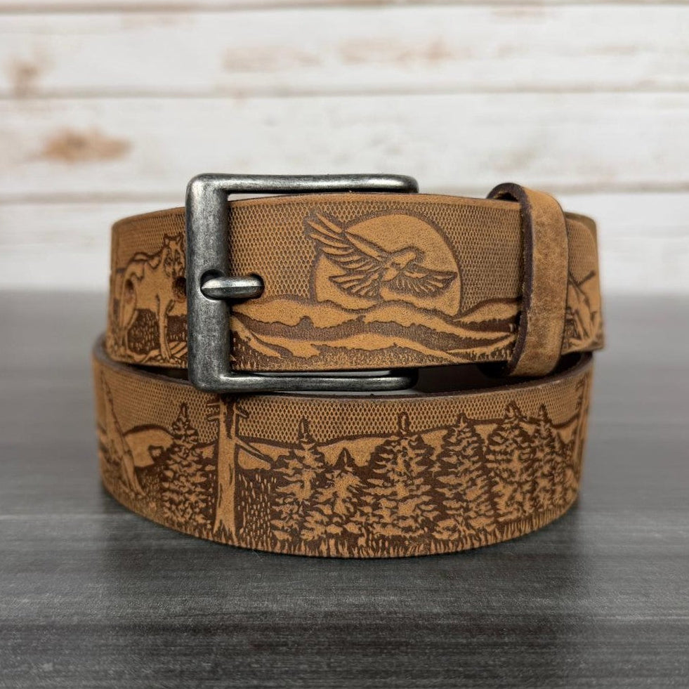 Keldon Men's Embossed Leather Belt with Wildlife Scene
