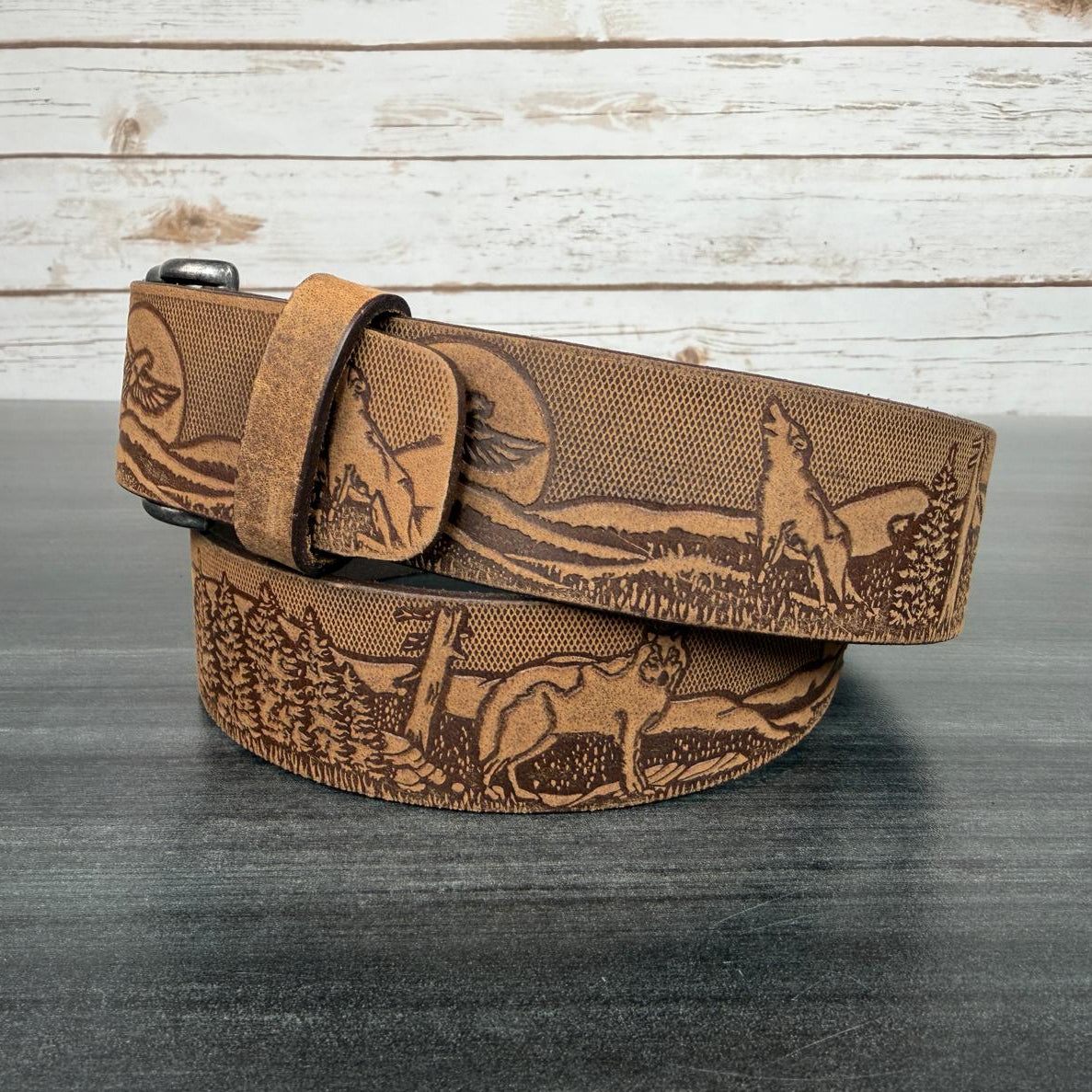 Keldon Men's Embossed Leather Belt with Wildlife Scene - Boutique of Leathers/Open Road