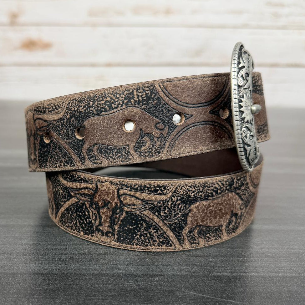 Keldon Men's Western Belt Embossed Leather with Bull Design and Removable Silver Buckle