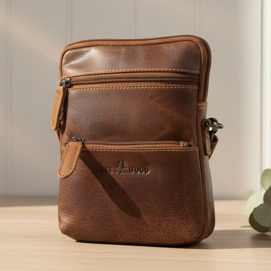 Greenwood Leather Mini Crossbody Bag. Premium 3-Zipper Travel Organizer - Boutique of Leathers/Open Road