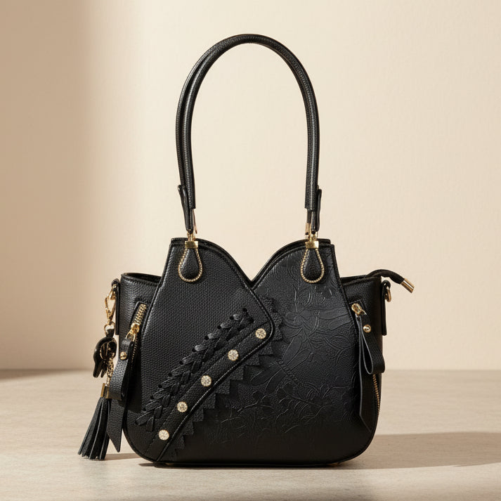 Temptation Italy Small Faux Leather Handbag. Floral & Dragonfly Embossed Shoulder Bag with Gold Studs - Boutique of Leathers/Open Road