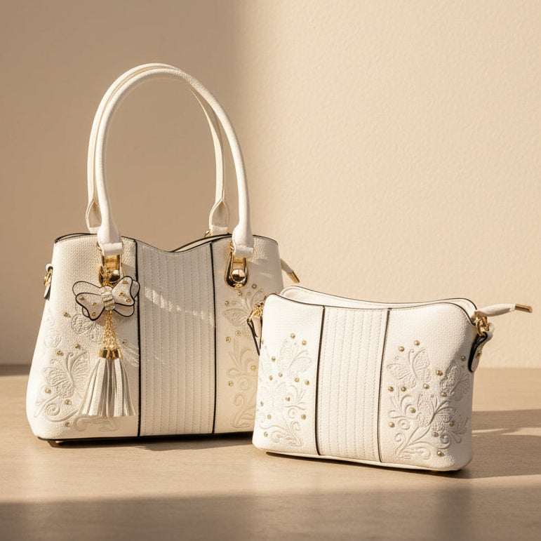 Temptation Italy Butterfly Embossed Faux Leather Tote. Studded Shoulder Bag with Tassel Charm - Boutique of Leathers/Open Road