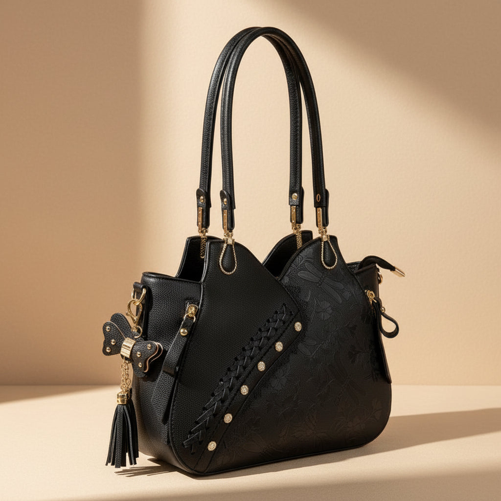 Temptation Italy Faux Leather Shoulder Bag. Floral & Dragonfly Embossed Handbag with Studded Braided Detail - Boutique of Leathers/Open Road