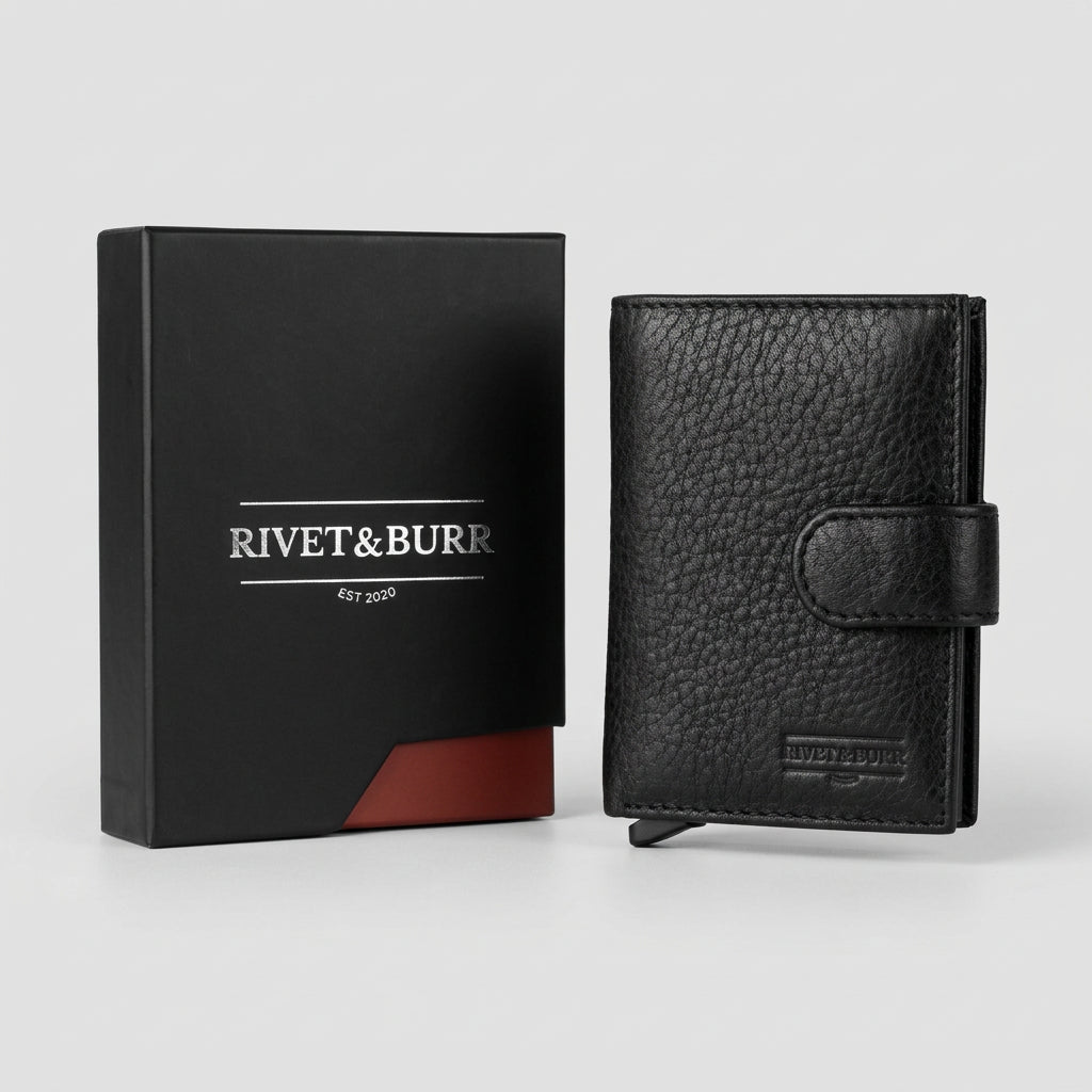 A black pebbled leather bifold wallet next to its black Rivet&Burr branded presentation box