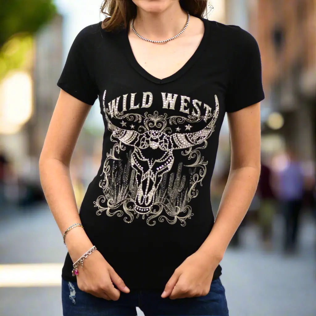 Wild West V-Neck Tee with Steerhead and Cacti Women's Shirts & Tees Boutique of Leathers/Open Road