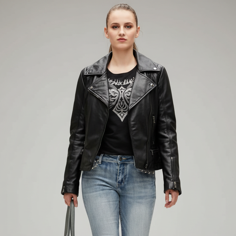Women's Biker Look Sheep Leather Jacket Women's Leather Jackets Boutique of Leathers/Open Road