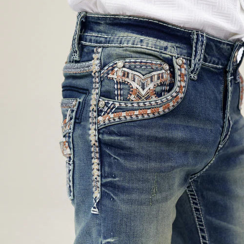 Eagle Warrior Men’s Premium Bootcut Jeans. Tribal Embroidered 7-Pocket Stretch Denim