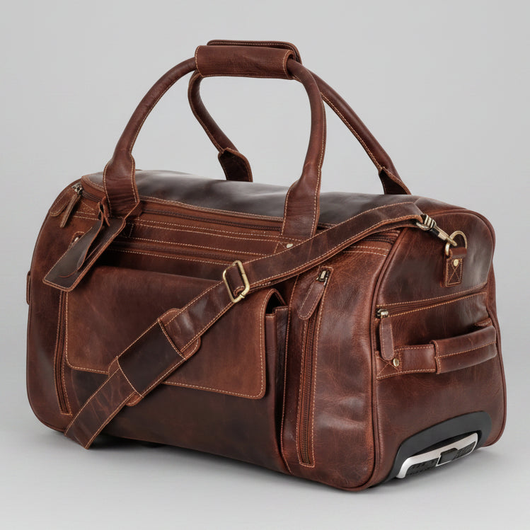 Greenwood Leather Wheeled Duffel Bag. Vintage Sandel Travel Trolley - Boutique of Leathers/Open Road