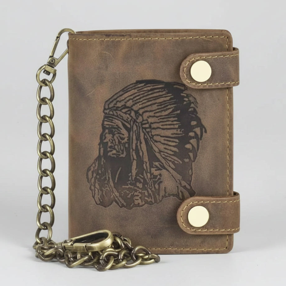 Greenburry Vintage Leather Indigenous Chief Embossed Bifold Chain Wallet