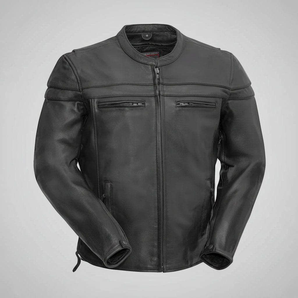 A black leather motorcycle jacket with a full front zipper, zippered chest pockets, and a stand collar, shown on a plain white background.