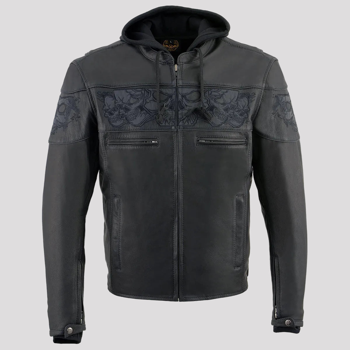 Black leather jacket with floral embroidery on a white background