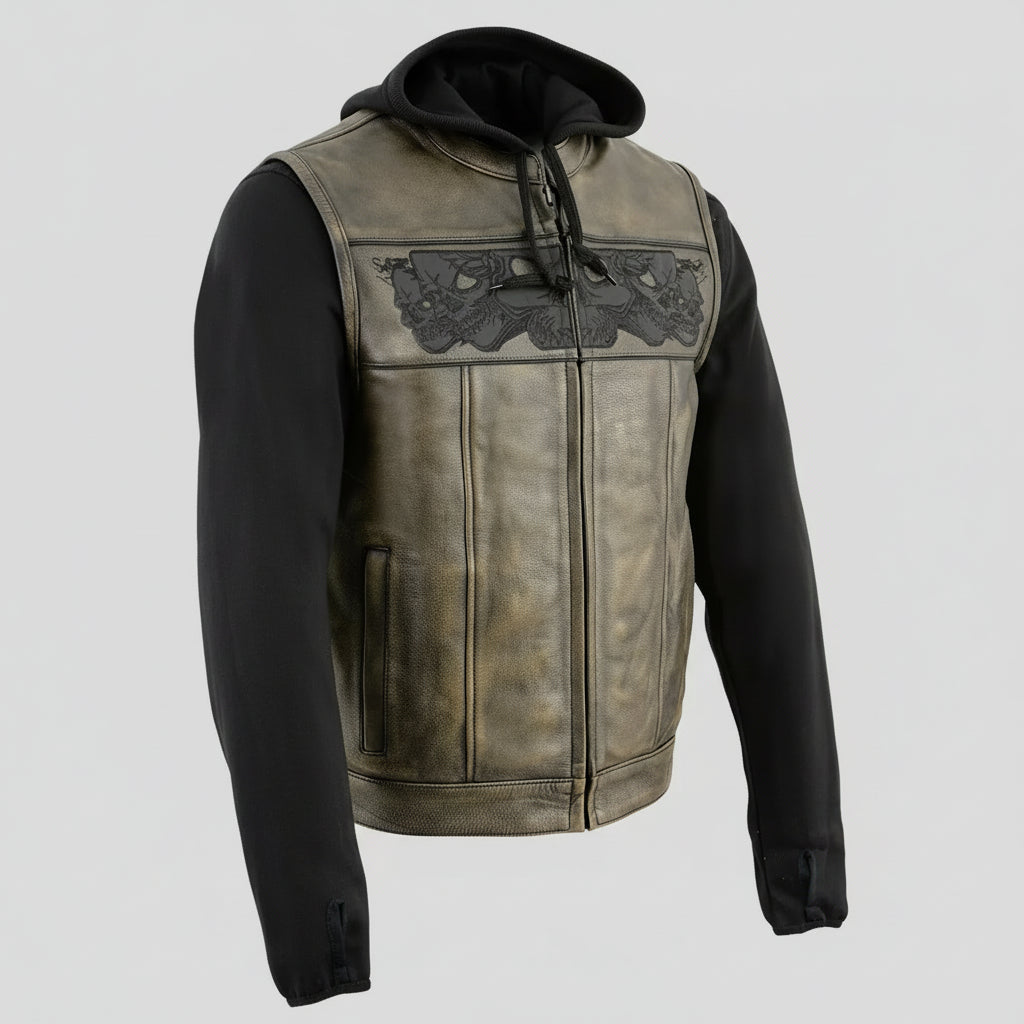 Milwaukee Leather Men's Skull Hoodie Leather Vest | 2-in-1 Moto Vest