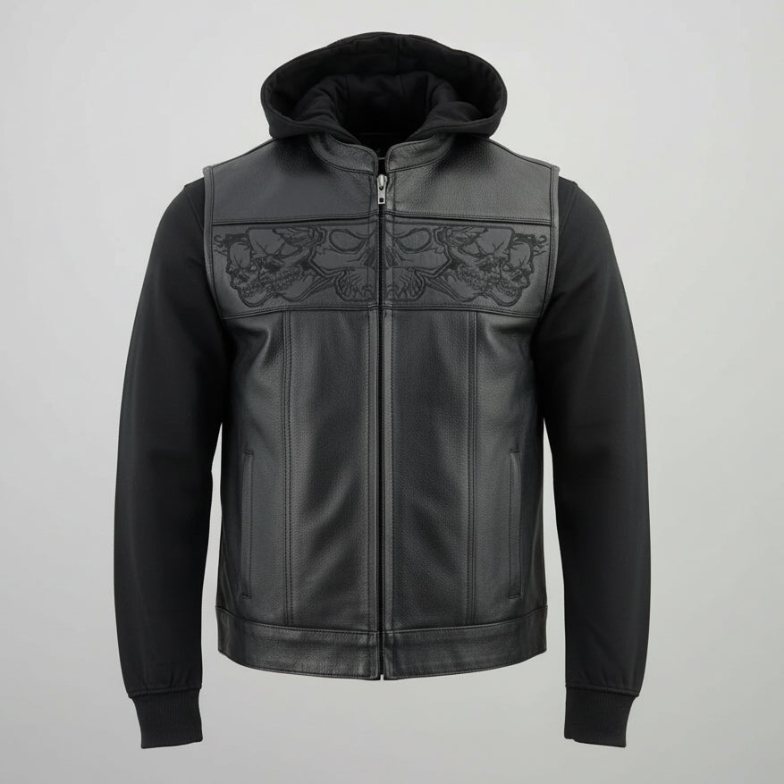 A black leather hooded jacket with a full front zipper, ribbed cuffs and hem, and a prominent black embroidered skull pattern across the chest.