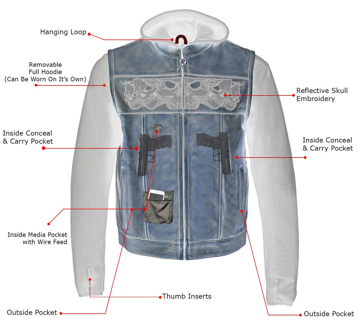 Milwaukee Leather Men's Skull Hoodie Leather Vest | 2-in-1 Moto Vest