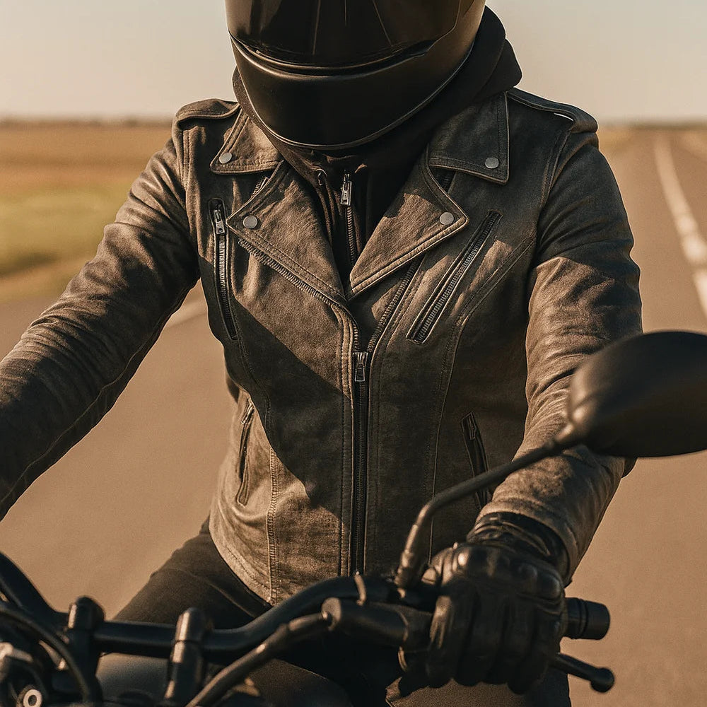 Person wearing a black helmet and leather jacket on a motorcycle with a blurred road and sky in the background