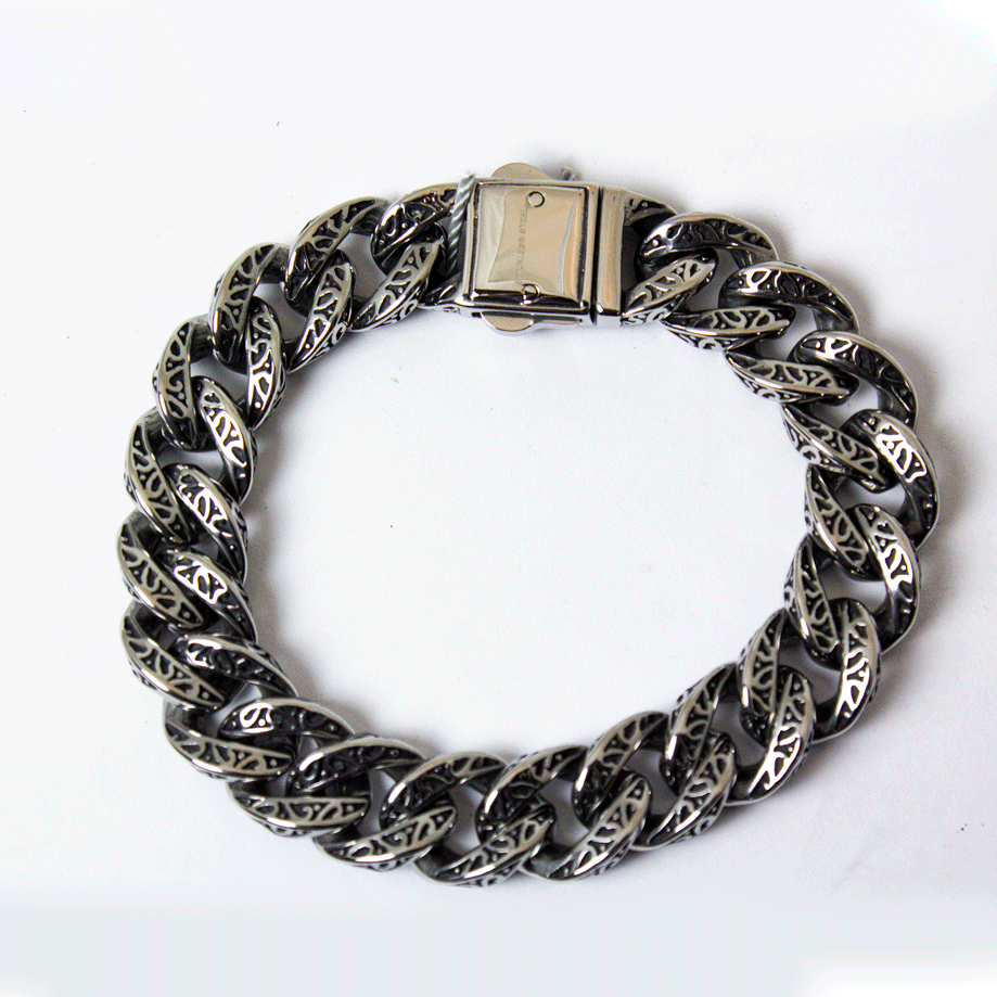 Men’s Oxidized Stainless Steel Cuban Link Bracelet. Vintage Biker Chain