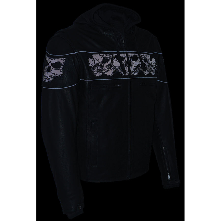 Milwaukee Leather Men's Crossover Scooter Jacket w/ Reflective Skulls & Full Sleeve Removable Hoodie