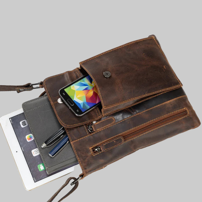 Greenwood Leather Cross Body Bag. Premium Full-Grain Leather Handbag with Multiple Pockets