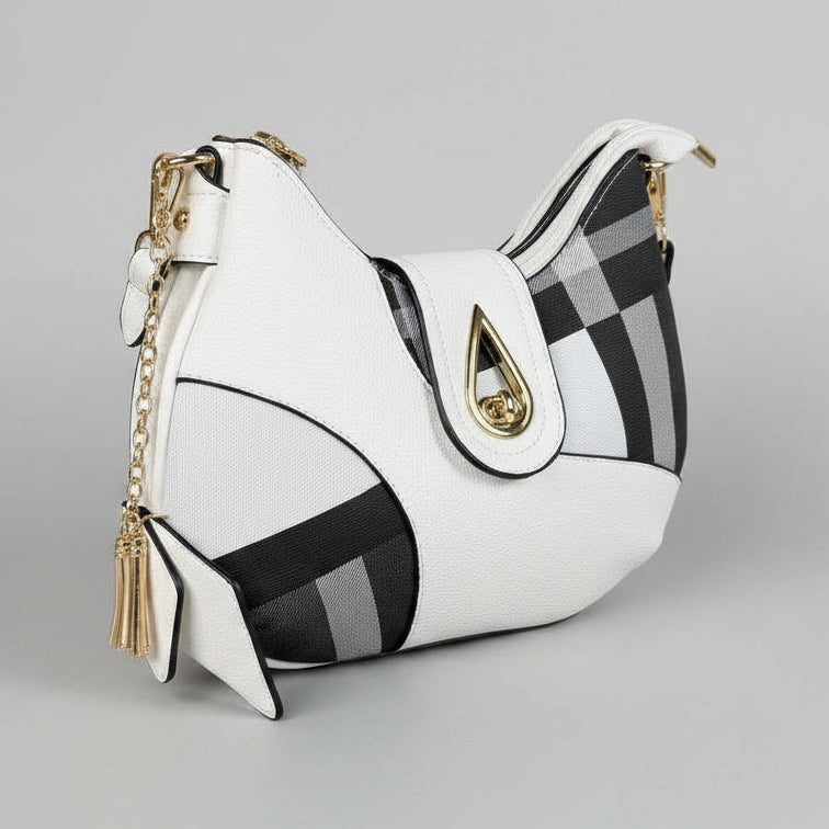Temptation Italy Small Plaid Crescent Handbag. Vegan Leather Shoulder Bag
