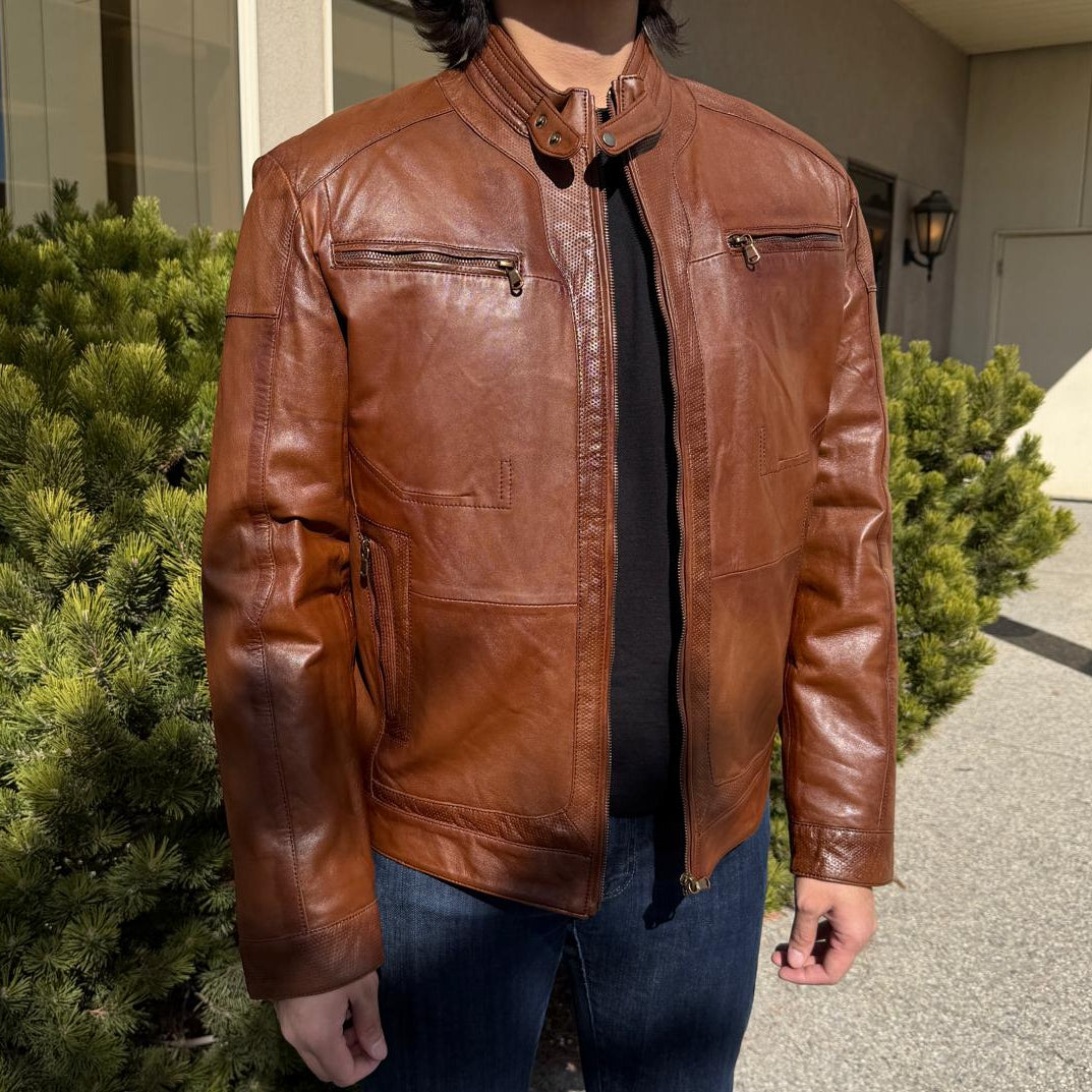 BOL Men's Snap Collar Leather Racer Jacket. Genuine Sheep Leather