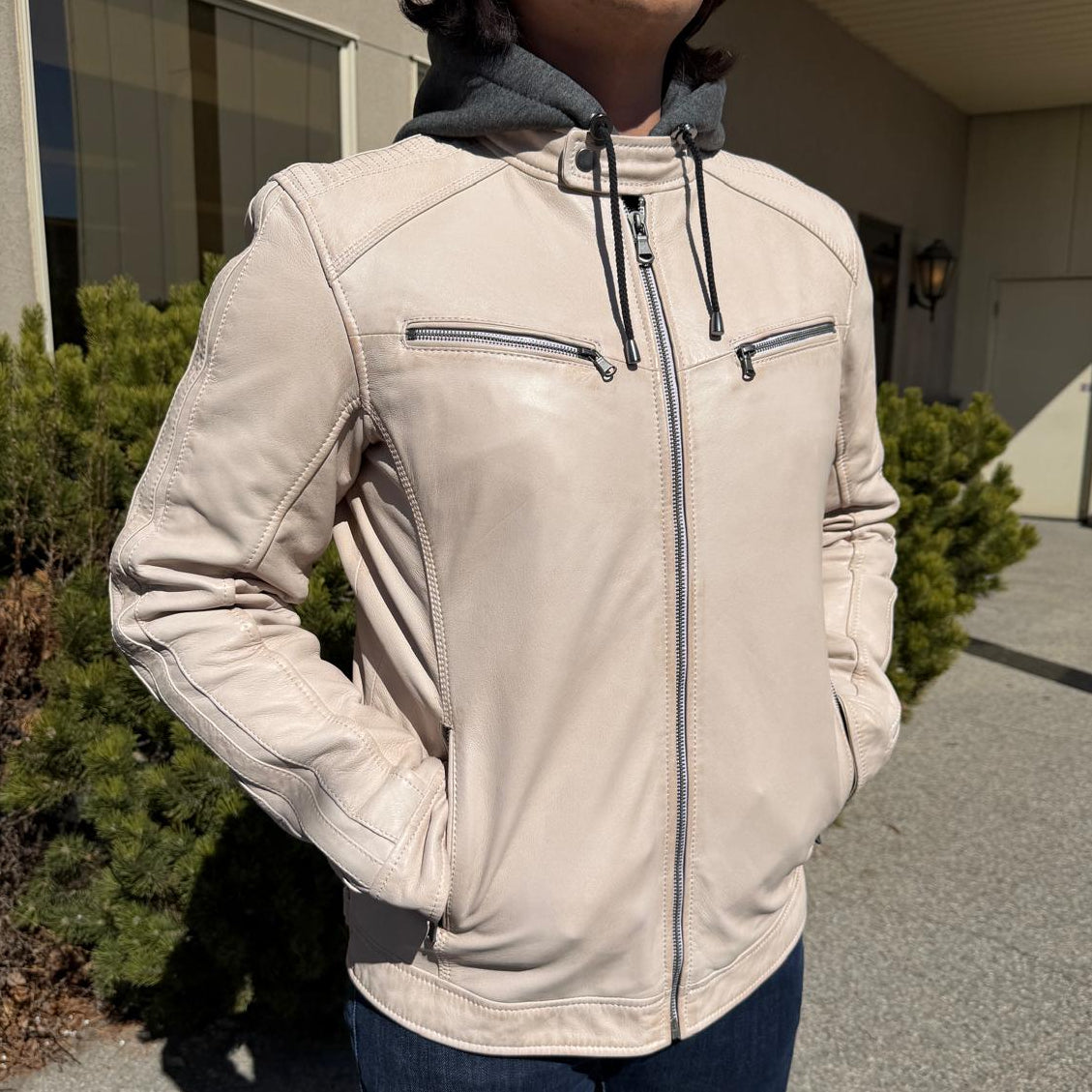 Men’s Hooded Leather Jacket. Sheep Leather Jacket with Removable Hood