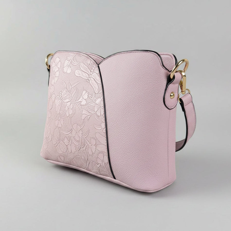 Temptation Italy Small Faux Leather Crossbody. Butterfly & Floral Embossed Bag