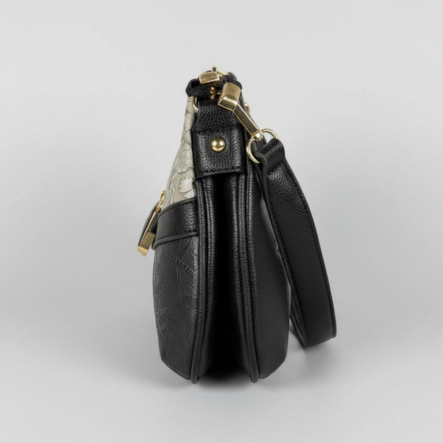 Temptation Italy Small Floral & Dragonfly Embossed Crossbody Bag. Vegan Leather Shoulder Bag