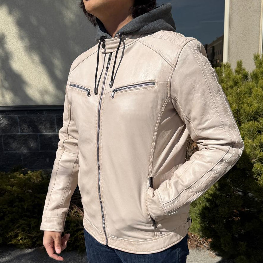 Men’s Hooded Leather Jacket. Sheep Leather Jacket with Removable Hood