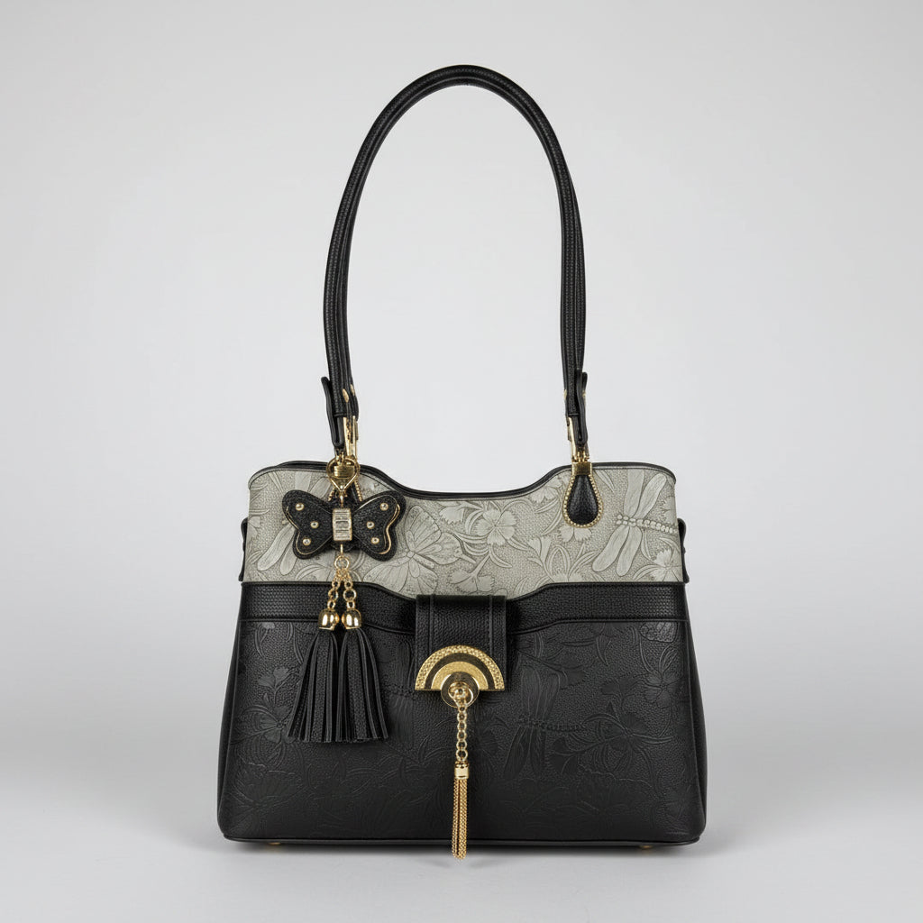 Temptation Italy Floral & Dragonfly Embossed Shoulder Bag. Vegan Faux Leather Handbag