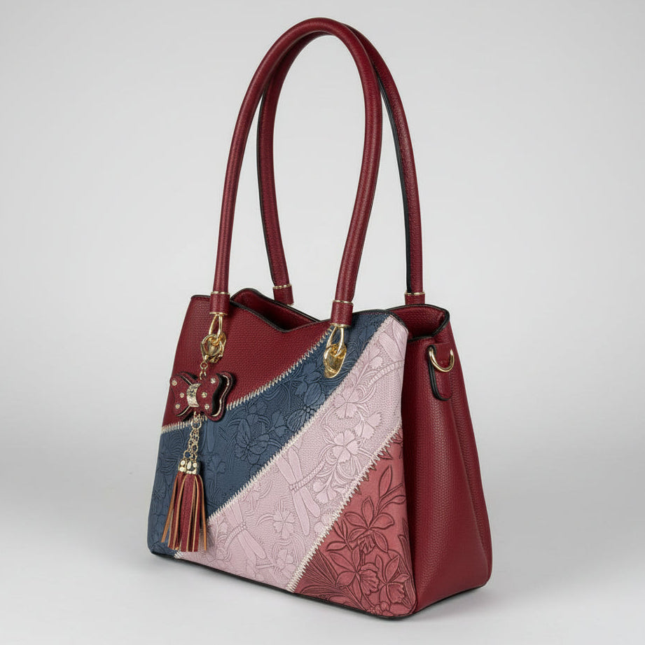 Temptation Italy Multicolor Floral & Dragonfly Embossed Shoulder Bag. Vegan Faux Leather Handbag