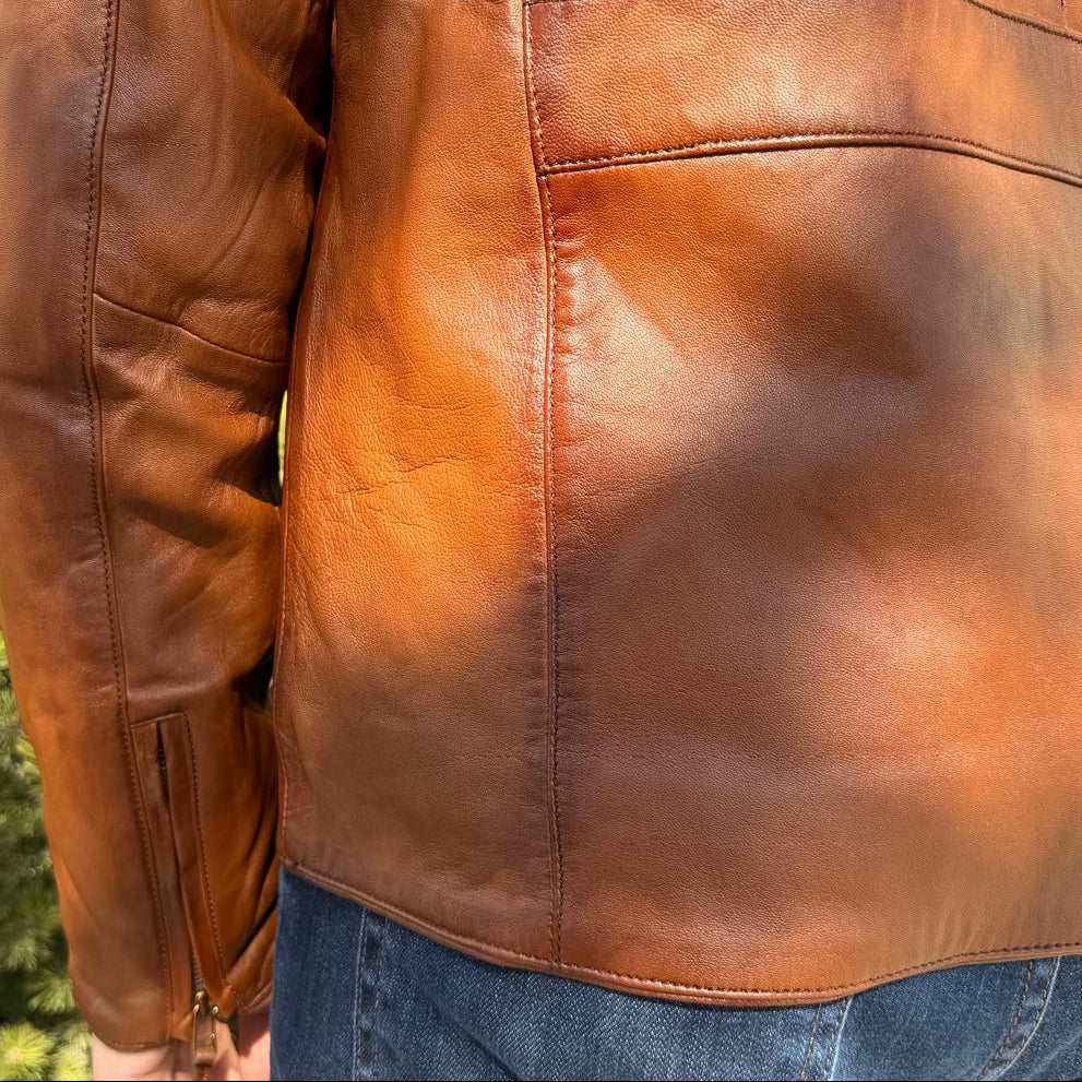 BOL Men's Racer Leather Jacket. Tan Sheep Oily Leather Moto Jacket