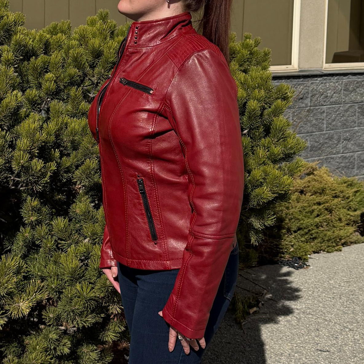 Women's Classic Sheep Leather Jacket. Standing Collar with Studs, 4 Zippered Pockets & Shoulder Accent Stitching - Boutique of Leathers/Open Road