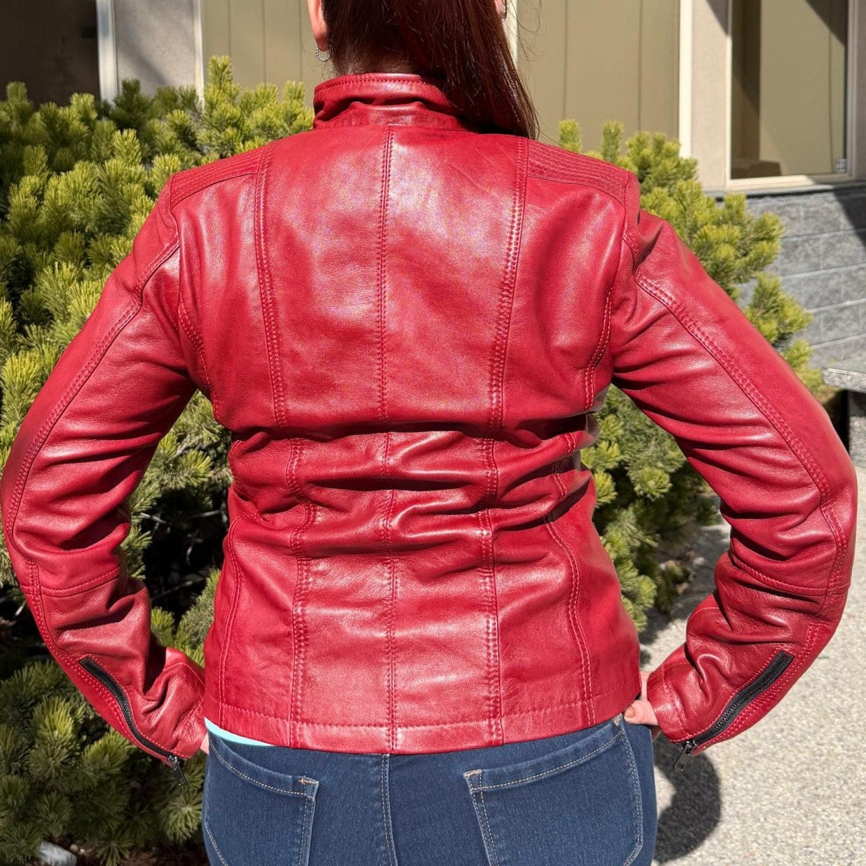 Women's Classic Sheep Leather Jacket. Standing Collar with Studs, 4 Zippered Pockets & Shoulder Accent Stitching - Boutique of Leathers/Open Road