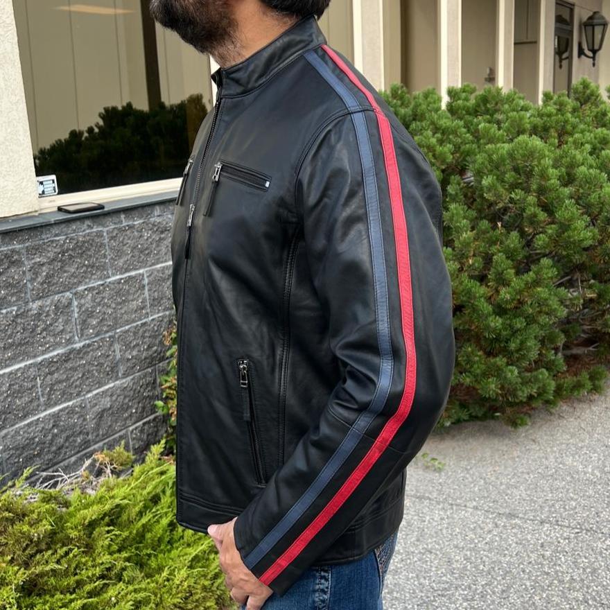 Men's Lamb Leather Jacket with Stripes - Boutique of Leathers/Open Road