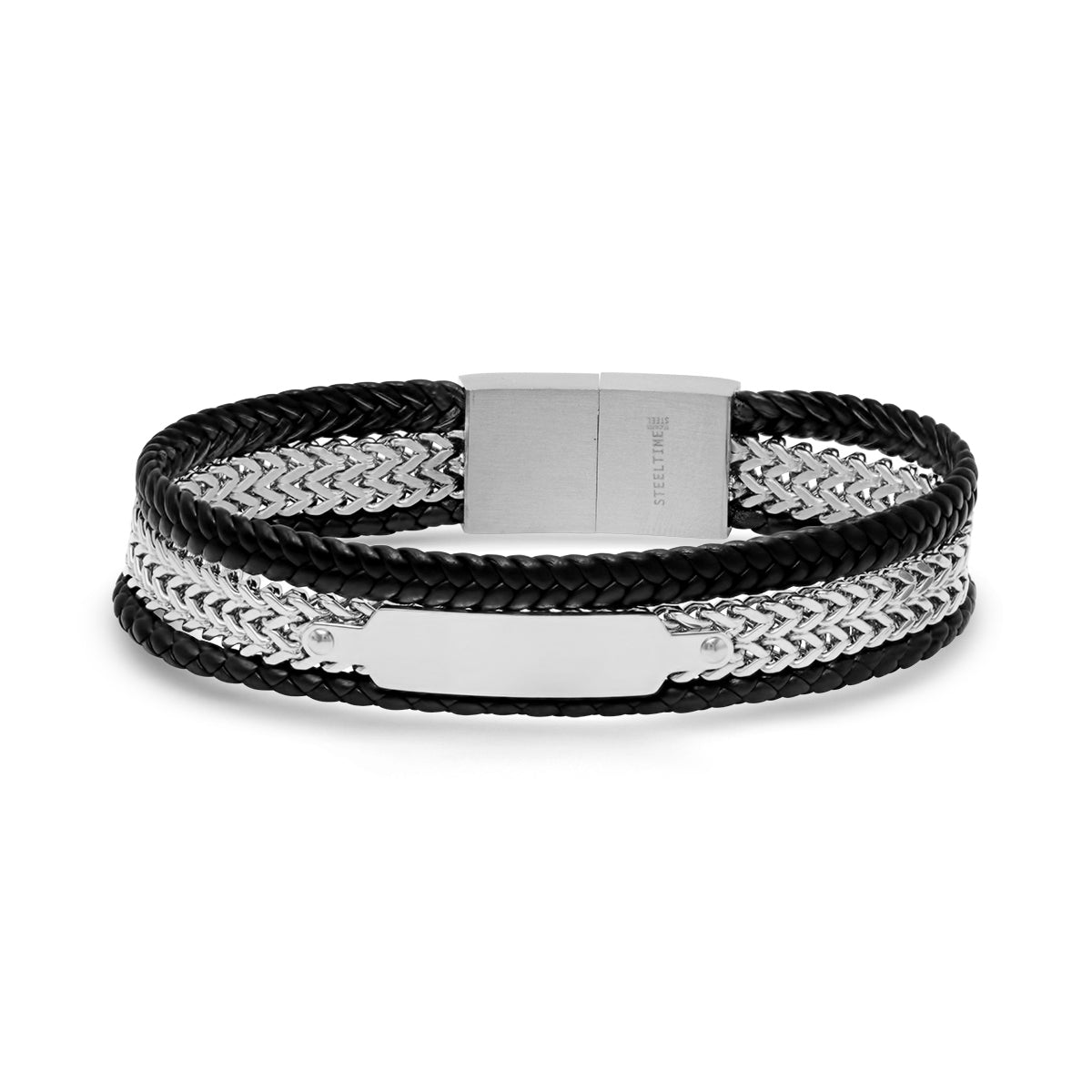 Men's Steel Biker Bracelet. Black Leather Braided Chain Multi-Layer Magnetic Clasp