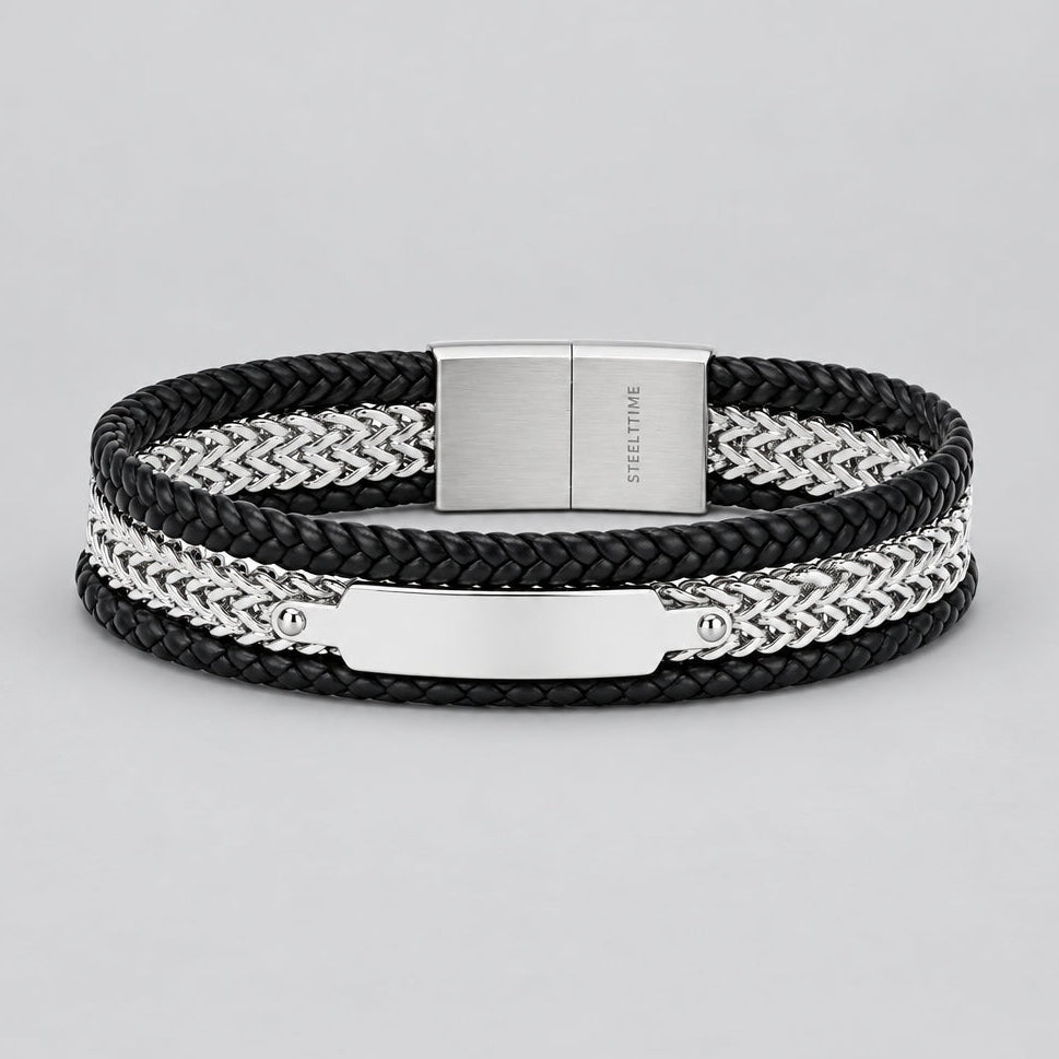 Men's Steel Biker Bracelet. Black Leather Braided Chain Multi-Layer Magnetic Clasp - Boutique of Leathers/Open Road