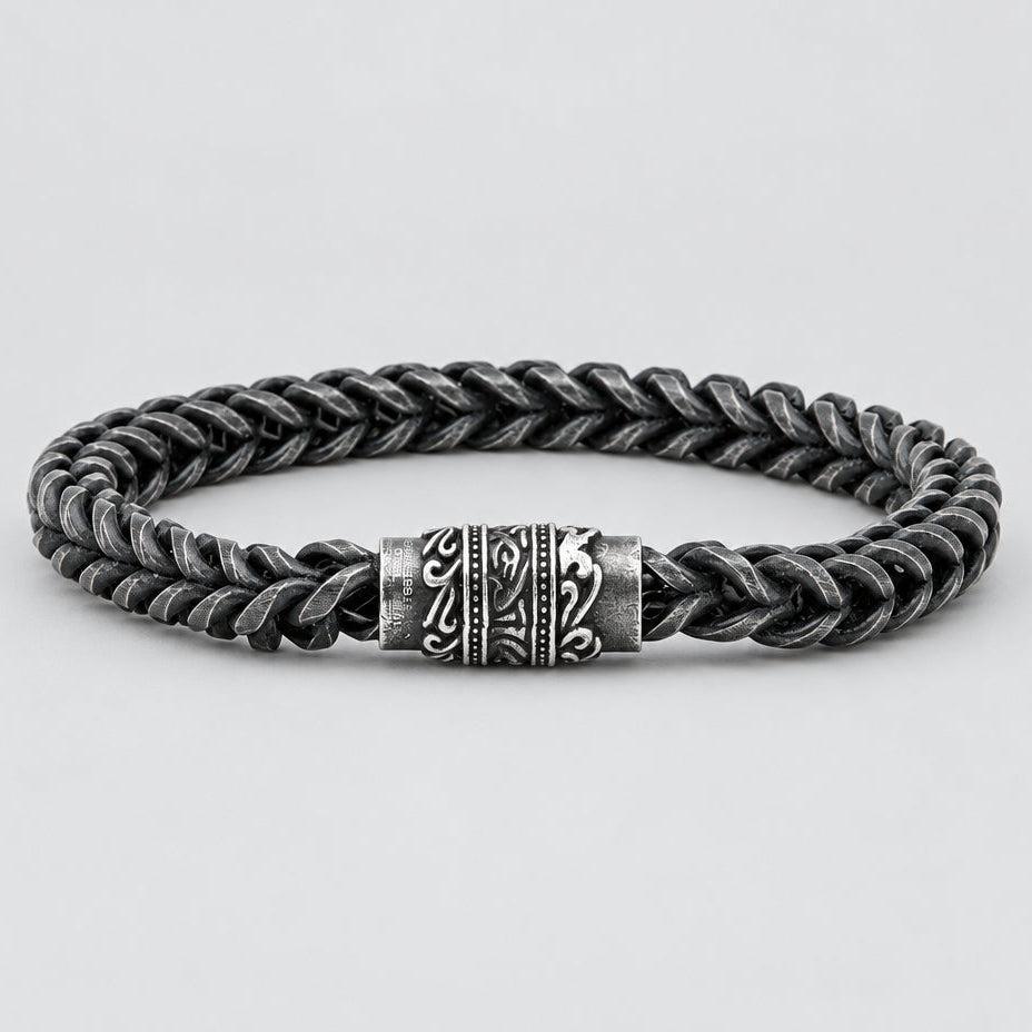 Men's Oxidized Steel Chain Bracelet. Wheat Link Engraved Magnetic Clasp Biker Jewelry - Boutique of Leathers/Open Road