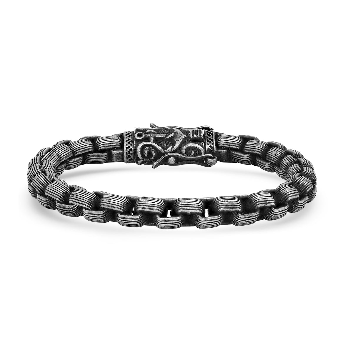 Men's Viking Steel Bracelet. Oxidized Silver Box Chain Norse Clasp Biker Jewelry