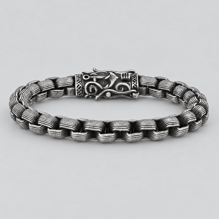 Men's Viking Steel Bracelet. Oxidized Silver Box Chain Norse Clasp Biker Jewelry - Boutique of Leathers/Open Road