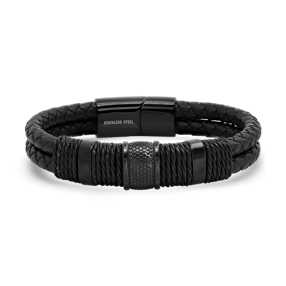 Men's Stealth Black Braided Leather & Stainless Steel Biker Bracelet