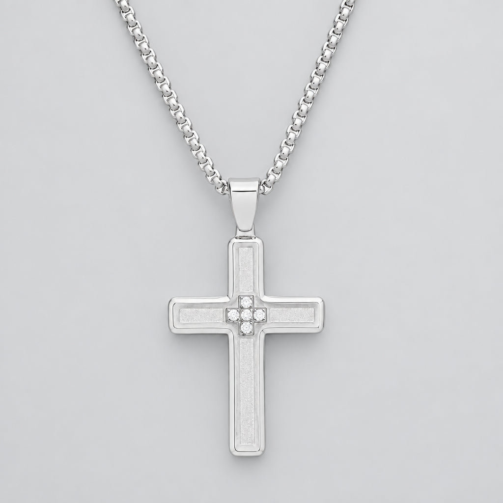 Men’s Stainless Steel Diamond Accent Cross Pendant Necklace - Boutique of Leathers/Open Road
