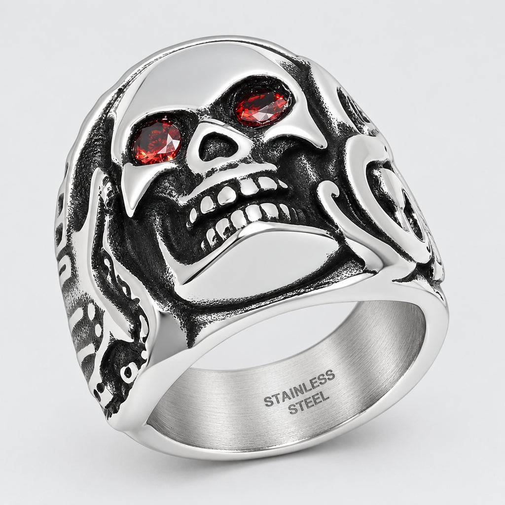 Men’s Stainless Steel Skull Ring with Red Eyes - Boutique of Leathers/Open Road