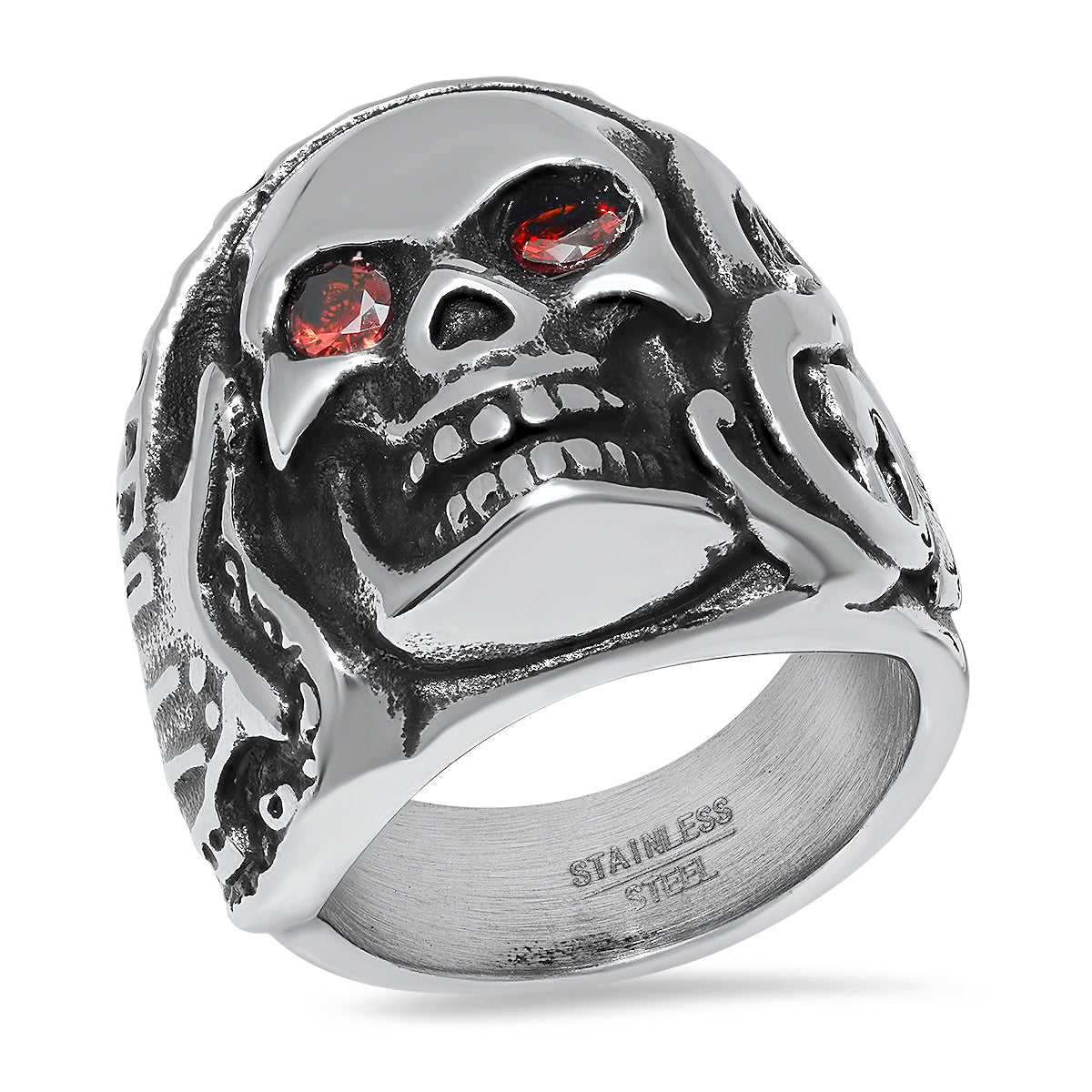 Men’s Stainless Steel Skull Ring with Red Eyes