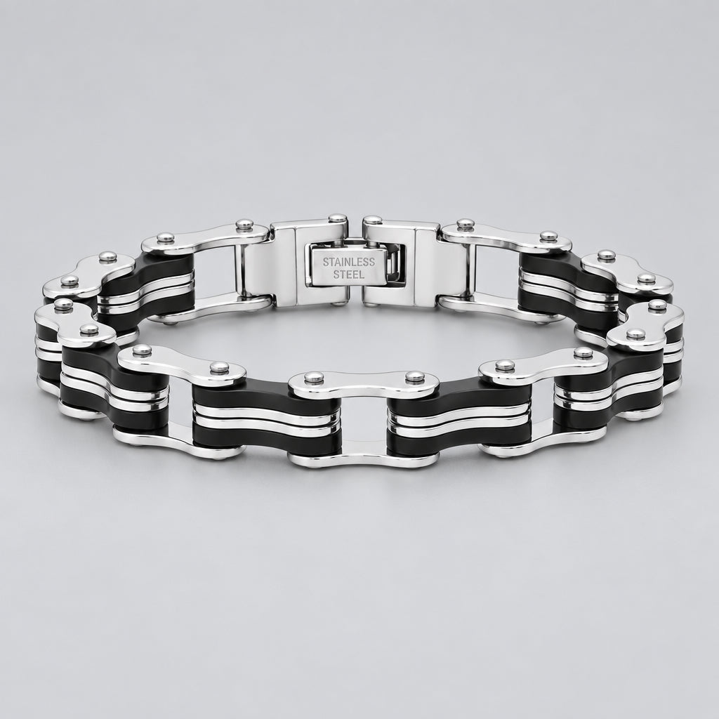 Men’s Stainless Steel Bicycle Chain Bracelet. Black & Silver Biker Style - Boutique of Leathers/Open Road