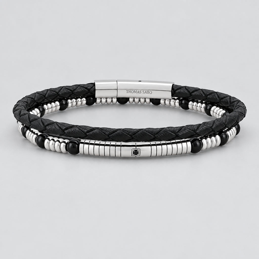 Men’s Dual-Strand Stainless Steel & Black Braided Leather Biker Bracelet - Boutique of Leathers/Open Road