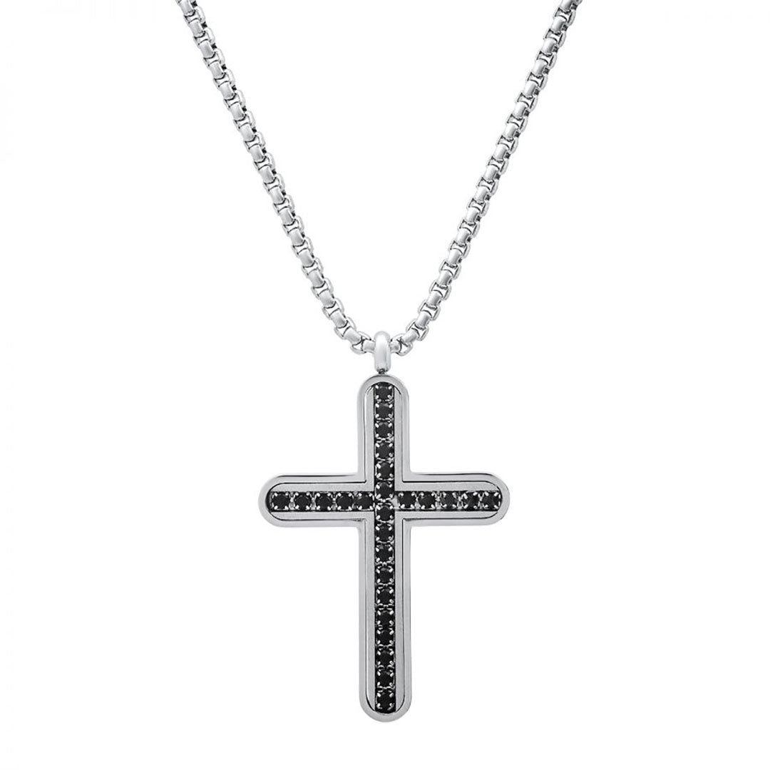 SteelTime Men's Stainless Steel and Black Onyx Cross Necklace